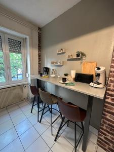 eine Küche mit einem Tisch und Stühlen im Zimmer in der Unterkunft Le Cocon - 3 pièces Mulhouse Gare/Centre in Mulhouse