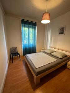 ein Schlafzimmer mit einem Bett, einem Stuhl und einem Fenster in der Unterkunft Le Cocon - 3 pièces Mulhouse Gare/Centre in Mulhouse