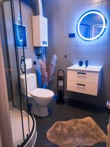 een badkamer met een toilet, een wastafel en een spiegel bij Punkt Nieruchomości in Katowice