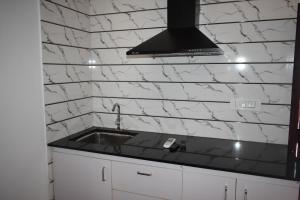 a kitchen with a sink and a black and white marble wall at Ben's Villa Kannur ! in Kannur