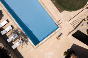 an overhead view of a large blue swimming pool at Malvazia Grand Estate, 4acre Immersed in Greenery, By ThinkVilla in Kermoútsi