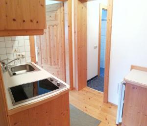 uma cozinha com um lavatório e um fogão em Lenzerhof em Grän