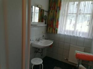 a small bathroom with a sink and a window at Lenzerhof in Grän