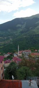 uma vista para uma cidade com uma igreja e uma montanha em Alkurtoğlu Pansiyon&cafe& restoran em Macka