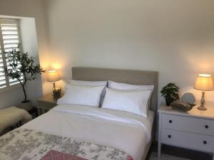 1 dormitorio con 1 cama con sábanas y almohadas blancas en Griffin en Plymouth