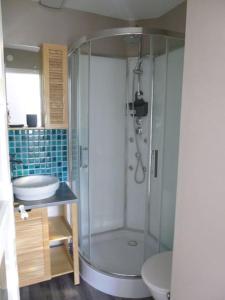een badkamer met een douche, een toilet en een wastafel bij Les volets rouges in Sémoy