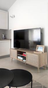 sala de estar con TV de pantalla plana grande en Apartment Betty, en Labin