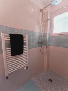 y baño con ducha y toalla negra. en Chambre à louer 15mnn de Grenoble-salle de bain privée-WIFI gratuit, en Fontanil-Cornillon