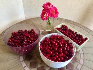 three bowls of cherries on a table with a flower at Villa Palladio - Zimmer in Winden am See