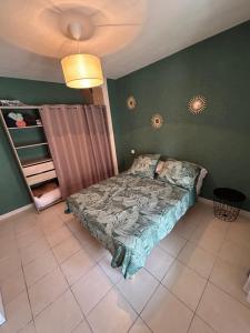 - une chambre avec un lit et un mur vert dans l'établissement Charmant Appartement 2 ch Nyons-centre ville, à Nyons