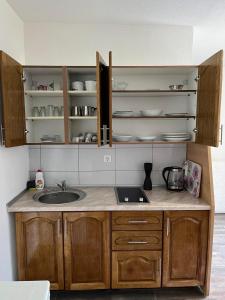 a kitchen with a sink and wooden cabinets at Azra River View House in Bihać