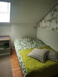 a bedroom with a bed with a green blanket at Guesthouse Siskonpeti in Korppoo