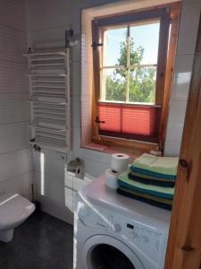a washing machine in a bathroom with a window at Letniskowy domek z Bali in Myszyniec