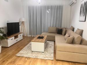 a living room with a couch and a flat screen tv at Nejra Apartment in Ulcinj