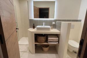 La salle de bains est pourvue d'un lavabo et d'un miroir. dans l'établissement maison aux Baux de Provence, aux Baux-de-Provence