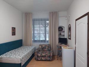 1 dormitorio con cama, silla y escritorio en Penzión Skalná ruža - Kövirózsa panzió, en Gemerská Horka