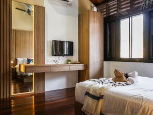 a bedroom with a bed and a tv and a mirror at Carnarvon Antique Loft in George Town +23 photos