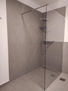 een douche met een glazen deur in de badkamer bij Apartmani Voljana in Korčula