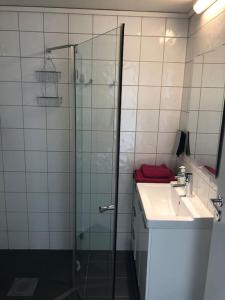 a bathroom with a shower and a sink at Nær Prekestolen(Pulpitrock)Trolltunga og Gullingen in Hjelmeland