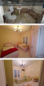 2 fotos de una habitación con 2 camas y un baño en فيلا سيلين, en El Alamein