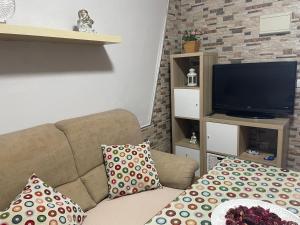 a living room with a couch and a flat screen tv at Palmera in Isla del Moral