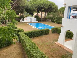 - une piscine dans une cour avec des buissons dans l'établissement Apartament a Pals, amb piscina, platja a 1 minut, à Pals