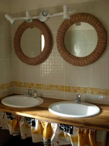 two sinks in a bathroom with two mirrors at Grand gîte pour 18 personnes dans la campagne tarnaise in Andouque +16 photos