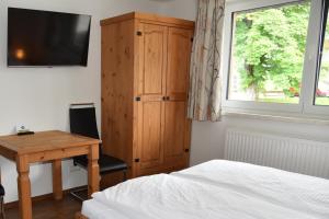 Schlafzimmer mit einem Bett, einem Schreibtisch und einem TV in der Unterkunft Sunseitn Apartments in Gosau