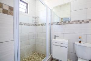 y baño blanco con ducha y aseo. en 31 on Windsor en Durban
