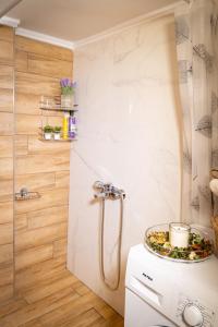 a bathroom with a shower and a washing machine at Eunoia Luxury Apartment Thessaloniki in Thessaloniki