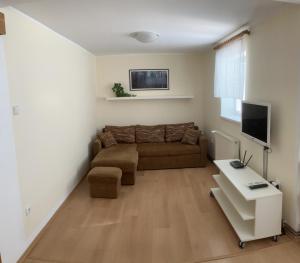 a living room with a couch and a tv at Ubytování Na Kopci in Uherské Hradiště