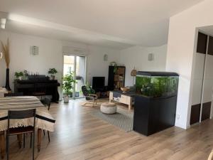 ein Wohnzimmer mit einem Aquarium in einem Zimmer in der Unterkunft Appartement au bord de l'Hérault in Agde
