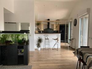 eine Küche und ein Wohnzimmer mit einem Aquarium in der Unterkunft Appartement au bord de l'Hérault in Agde