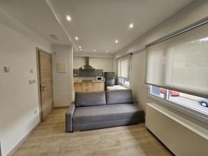 uma sala de estar com um sofá e uma cozinha em Inicia AVIO Apartamentos em Santiago de Compostela