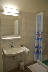 baño con lavabo y cortina de ducha en Lindehof Serviced Flats, en Zoersel
