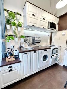 a kitchen with a sink and a washing machine at The Spot with Green Chair - cozy space near Danube in Budapest