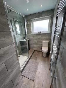 a bathroom with a shower and a toilet and a window at Superb Three Bed Garnant Duplex! in Garnant