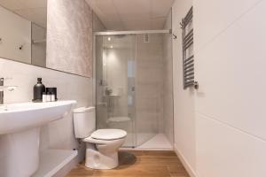 ein weißes Badezimmer mit Toilette und Dusche in der Unterkunft Apartamento-Loft Especería Black in Málaga + 14 Fotos