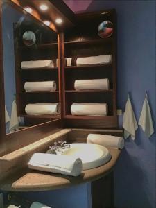 ein Badezimmer mit einem Waschbecken, einem Spiegel und Handtüchern in der Unterkunft Sur la Colline in Foglia