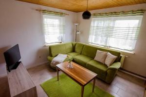 a living room with a green couch and a table at Ferienhaus Luette_ in Lohme
