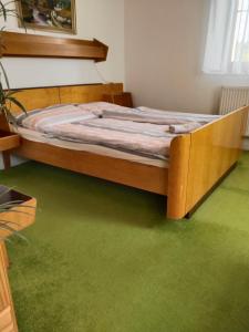 a bed in a room with a green carpet at Penzion Špičák in Boží Dar