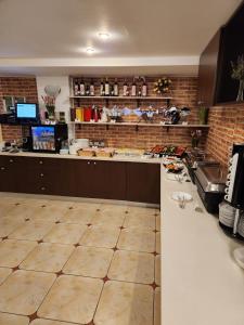 eine Küche mit Theke und Arbeitsplatte in der Unterkunft Elizeu Hotel in Bukarest