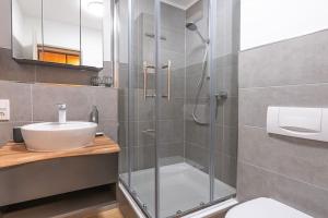een badkamer met een douche en een wastafel bij Golden Nugget (inkl. Netflix) in Detmold
