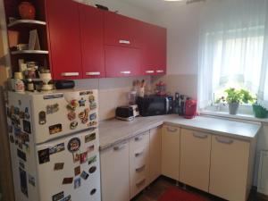 a kitchen with red cabinets and a refrigerator at Rooftop View in Predeluţ