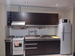 a kitchen with a stove and a refrigerator at El lago Apart in Sarmiento