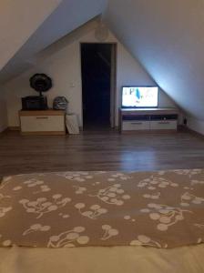 sala de estar con TV y alfombra en Zajazd Ponikiew - Noclegi Wadowice, en Wadowice