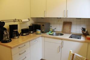 - un comptoir de cuisine avec évier et four micro-ondes dans l'établissement Ferienwohnung _Kleiner Seeigel, à Sassnitz