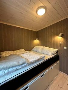 a bedroom with a bed in a wooden wall at Hytte med flott utsikt in Beitostøl