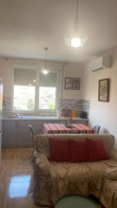 uma sala de estar com um sofá e uma cozinha em MINO APARTMENT em Shkodër