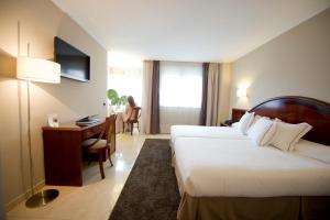 een hotelkamer met een bed en een bureau bij Hotel San Pedro in Langreo
